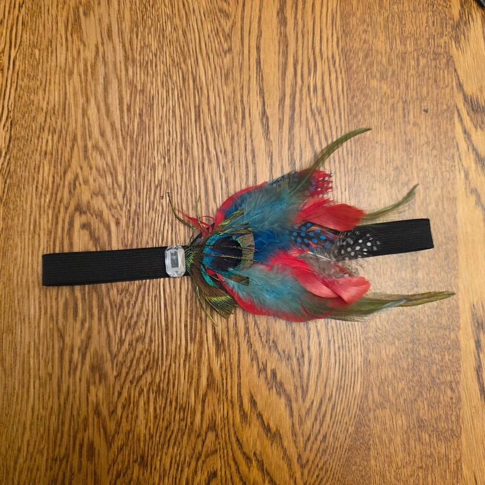 Multicolor Peacock Feather Elastic Headband Boho Flapper Festival Hair Accessory